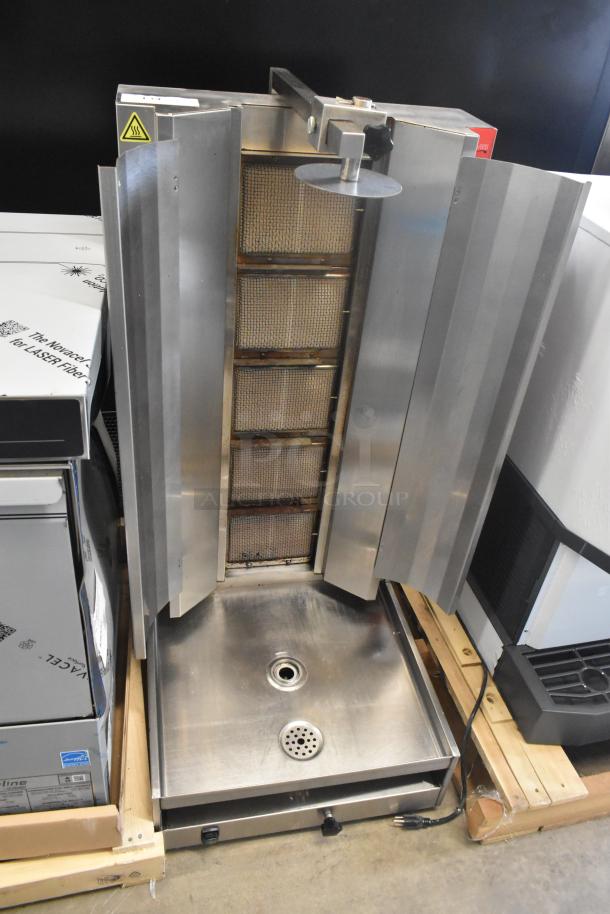 Brand new Avantco 177VB205 stainless steel natural gas vertical broiler, 130 lb. capacity, 47,500 BTU, minor scratches.
