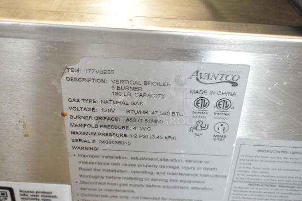 Brand new, scratched Avantco 177VB205 stainless steel natural gas vertical broiler. 130 lb. capacity, 47,500 BTU.