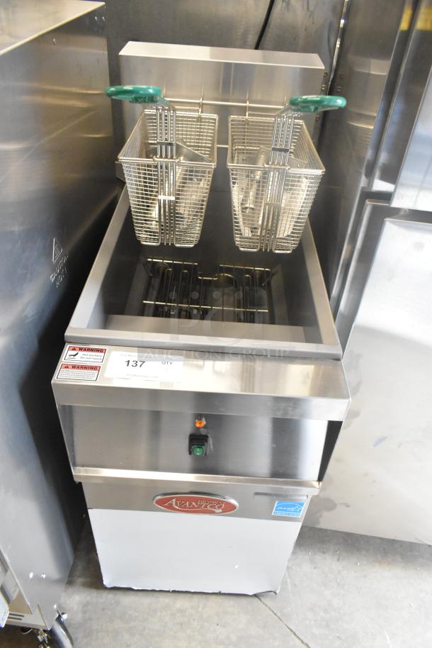 Brand new Avantco 177EF40E stainless steel deep fryer with 2 baskets, 240V, 3-phase, minor scratches.