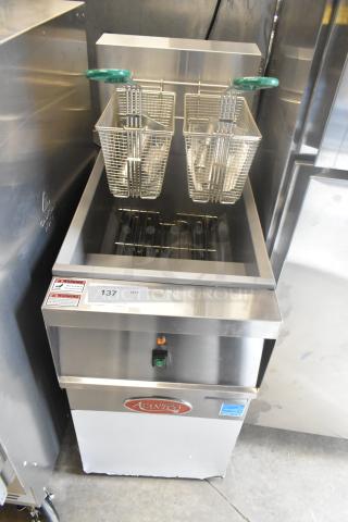 Brand new Avantco 177EF40E stainless steel deep fryer with 2 baskets, 240V, 3-phase, minor scratches.