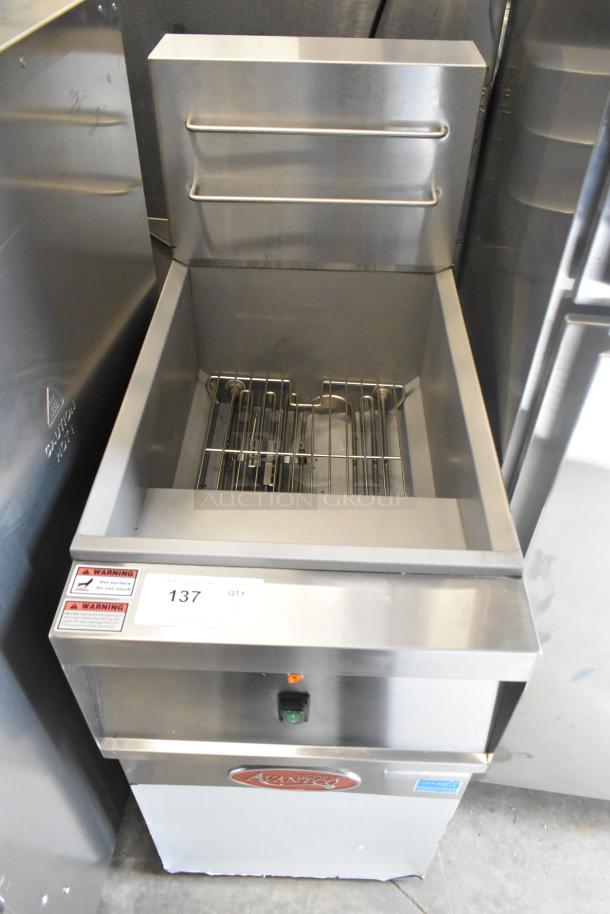 BRAND NEW 2024 Avantco 177EF40E Stainless Steel Floor Electric Deep Fryer with 2 Baskets, 240V, 3 Phase, Minor Dents.