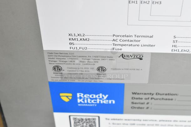Label for Avantco 177EF40E fryer; shows model, 240V, 3-phase, certifications, and warranty details.
