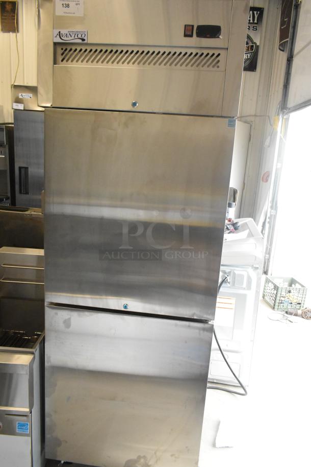 Brand new Avantco 178Z1F2A stainless steel commercial reach-in freezer with two half-size doors. Scratch and dent condition.
