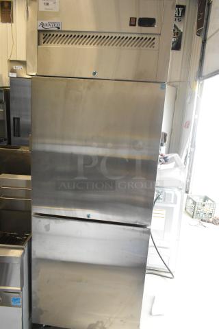 Brand new Avantco 178Z1F2A stainless steel commercial reach-in freezer with two half-size doors. Scratch and dent condition.
