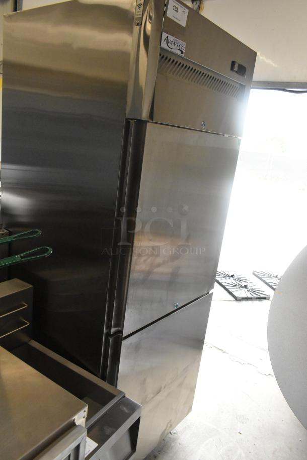 Brand new 2023 Avantco 178Z1F2A stainless steel commercial freezer. Two half-size doors, 115V, 1 phase, minor dents.