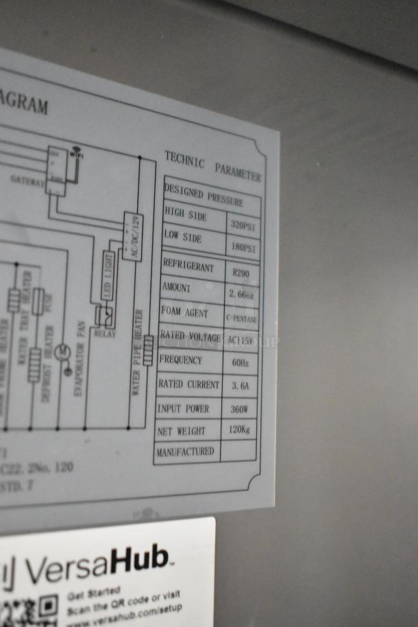 Alt text: "2023 Avantco 178Z1F2A stainless steel commercial freezer label, 115V, 1-phase. Scratch and dent condition info shown."