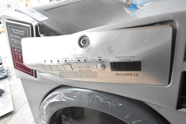 Crossover 2.0 DLHF0817EC2 metal front load dryer, 120-208/240V, 1 phase, control panel with various settings visible.