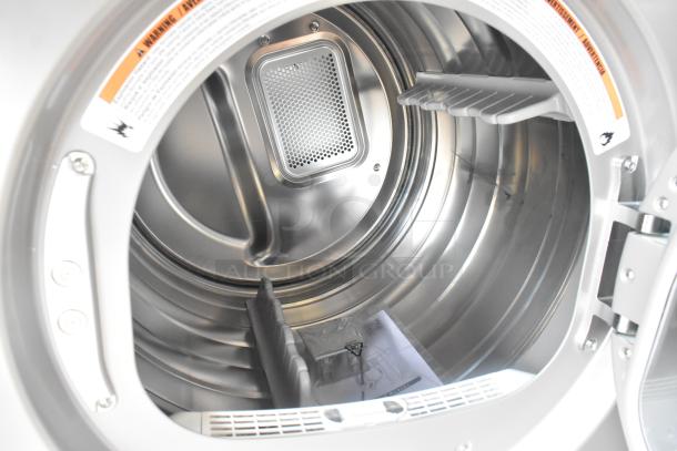 Crossover 2.0 DLHF0817EC2 metal front load dryer, new condition, 120-208/240V, 1 phase, interior view showing components.