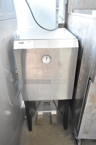 Silver King SK5MAJ stainless steel commercial milk dispenser, 115 volts, 1 phase, thermometer on front, model tag visible.