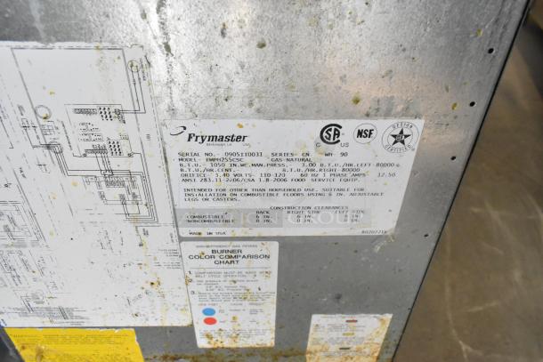 Frymaster FMPH255CSC stainless steel 2-bay deep fryer with dumping station. Natural gas, 80,000 BTU, on casters.
