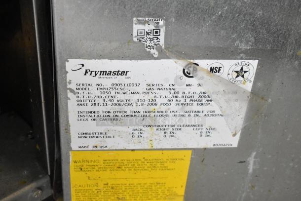 Frymaster FMPH255CSC tag, indicating a natural gas, 80,000 BTU, stainless steel commercial fryer with dumping station. Serial info visible.