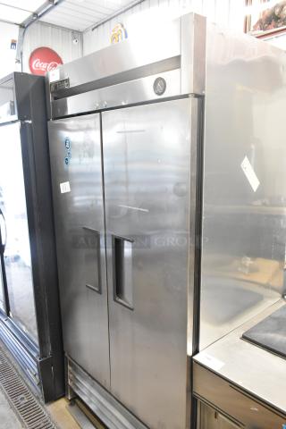 True T-35 stainless steel commercial 2-door reach-in cooler with poly-coated racks, 115 volts, 1 phase.