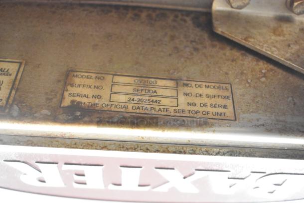 Baxter OV310G stainless steel commercial mini rotating rack oven data plate, model OV310G, serial 24-2025442.