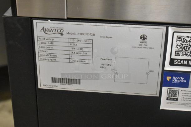 Avantco 193BCFD72B bakery display case label, showing model info and specifications, including 120V LED lighting and 28.6 cu ft volume.