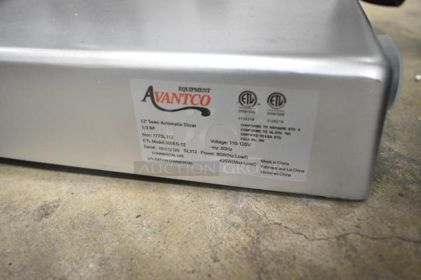 Brand new Avantco 177SL312 meat slicer, 12" manual gravity feed, 1/3 hp, includes blade sharpener, voltage 115, 1 phase.
