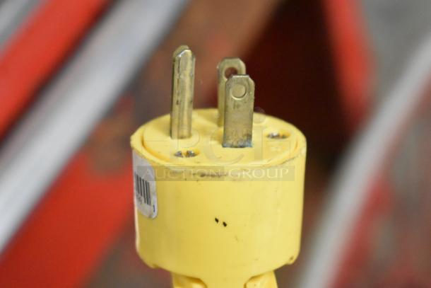Carnival King G14-A popcorn machine plug. Yellow body, visible barcode label, minor wear. 120 Volts, 1 Phase.
