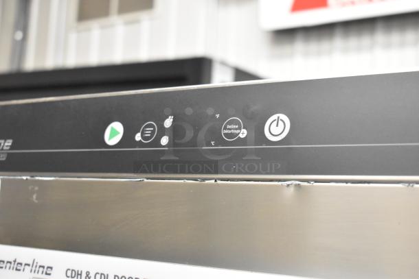 2022 Hobart CDL stainless steel corner pass-through dishwasher, buttons visible, 120V, 1 phase, excellent condition.