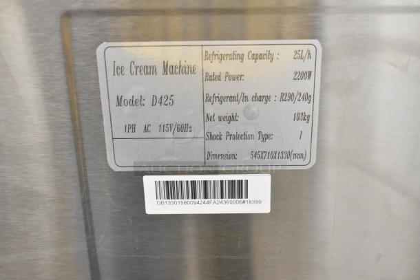 D425 Stainless Steel Soft Serve Ice Cream Machine, two flavors with twist, 115V, Model D425, 25L/h, 2200W, 1 Phase.