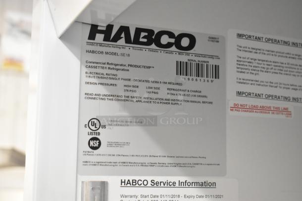 2019 Habco SE18 metal commercial fridge label, showing model and electrical specs. Tag indicates 115V, 1-phase, UL listed.