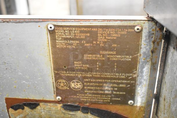 Sir Lawrence LG400 stainless steel deep fat fryer, commercial grade, natural gas, 120,000 BTU. Plaque shows model info.