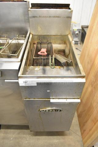 Imperial Stainless Steel Commercial Gas Fryer, floor style, well-used condition, visible oil stains, model number unknown.