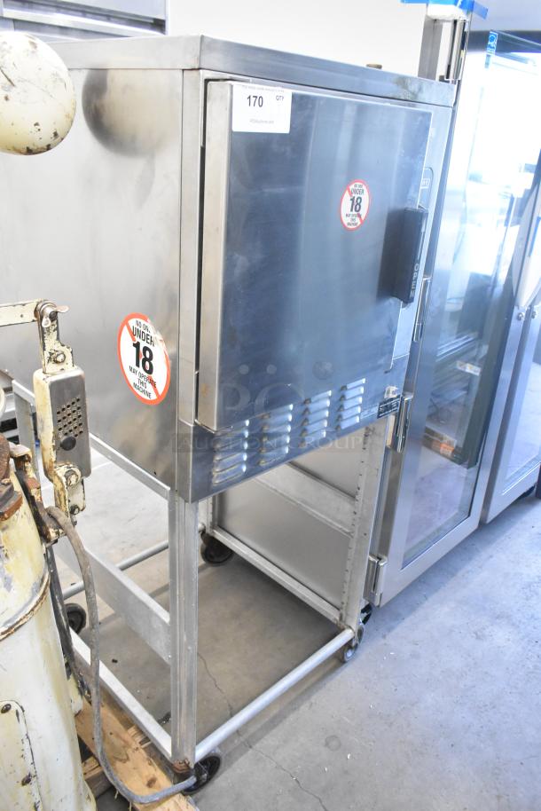 Hobart HC24EA5 stainless steel steam cabinet, commercial electric, single deck, on wheels, 208/240V, visible safety label.