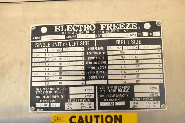 Electro Freeze 30TNCAB-213 stainless steel soft serve ice cream machine label, specs include 230 volts, 1 phase.