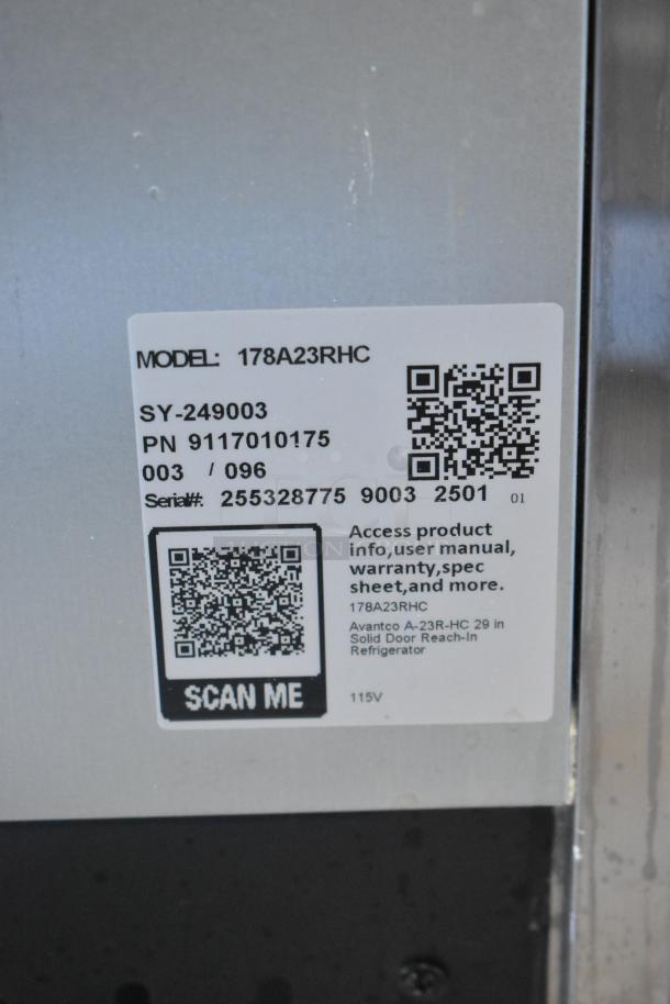 2025 Avantco 178A23RHC stainless steel commercial cooler, single door, on casters, 115V, new scratch and dent condition.