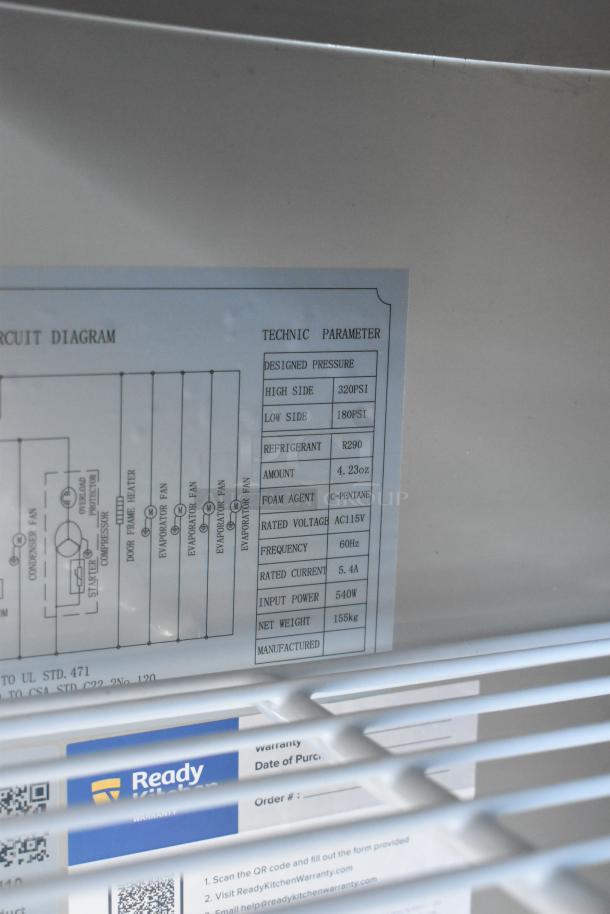 2024 Avantco 178APT60MHC stainless steel prep table label, showing technical parameters, refrigerant, and voltage details.