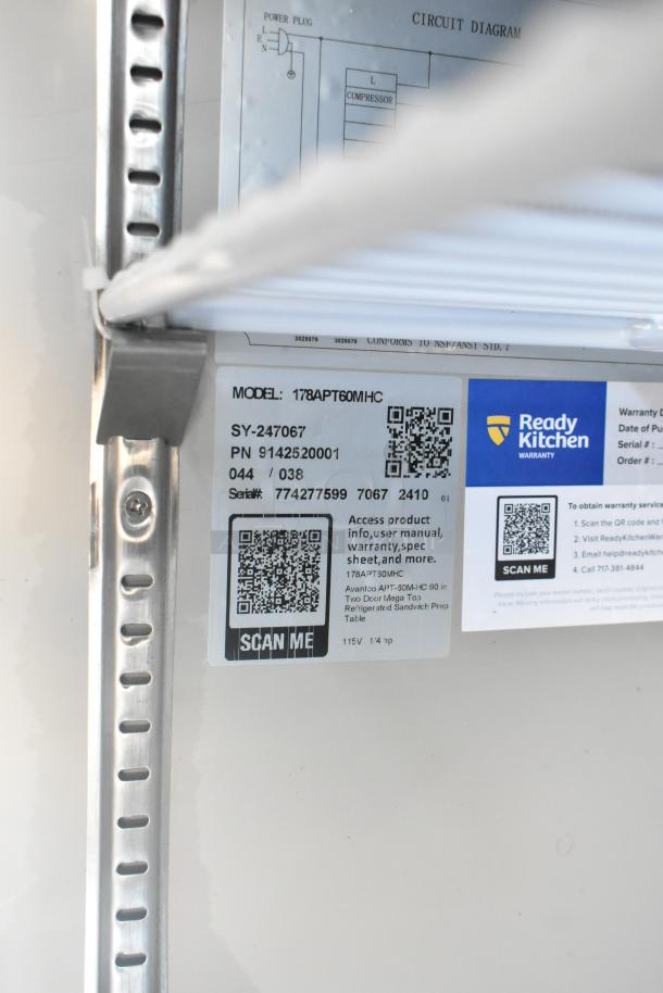 Label on Avantco 178APT60MHC sandwich prep table; displays model, serial number, and Ready Kitchen warranty info.
