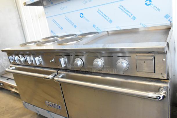 Imperial stainless steel commercial electric 6-burner range with right-side griddle, dual ovens, overshelf, and backsplash.