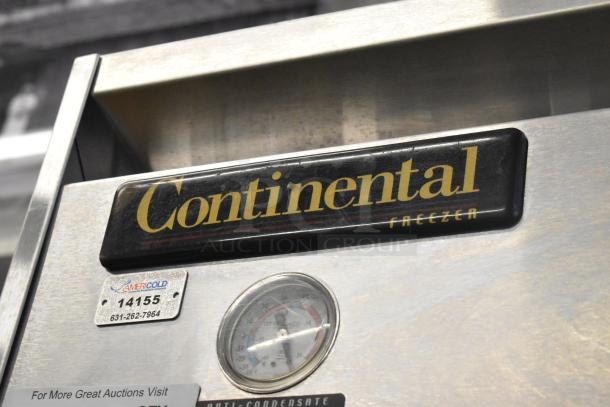 Continental 1FE Stainless Steel Single Door Reach-In Freezer, 115 Volts, model label and temperature gauge visible.