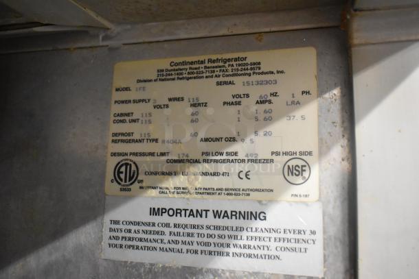 Continental 1FE stainless steel commercial freezer label, showing 115 volts, 1 phase, refrigerant R404A. Tags indicate ETL and NSF certifications.