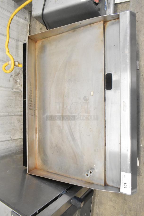 Stainless steel CPG 351GMCPG36NL countertop griddle, 90,000 BTU, natural gas, commercial use, moderate wear.