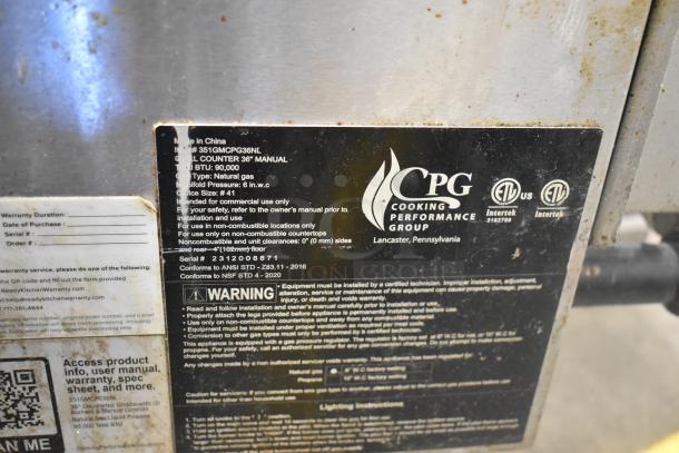 2023 CPG 351GMCPG36NL Stainless Steel Natural Gas Flat Top Griddle. 90,000 BTU, commercial use, serial #2312008771.