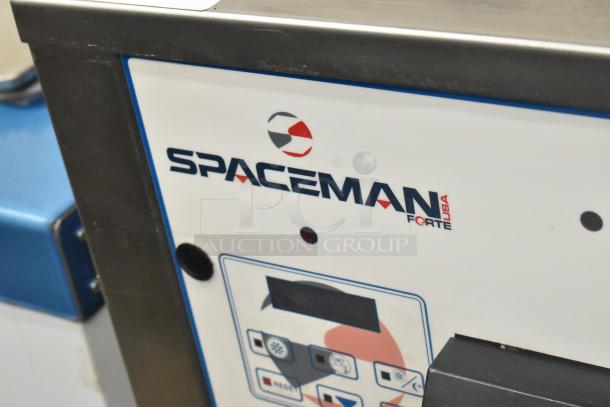 Spaceman Forte 6265W soft serve machine, stainless steel, 3 flavors with 2 twists, control panel shown, on commercial casters.
