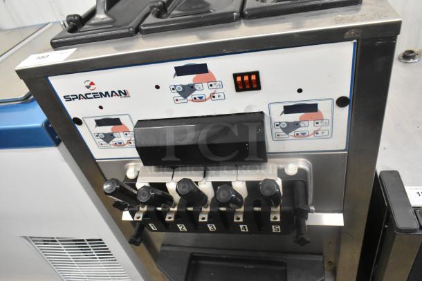Spaceman Forte 6265W Stainless Steel 3 Flavor Soft Serve Ice Cream Machine, commercial casters, 220V, 1 phase, model details shown.