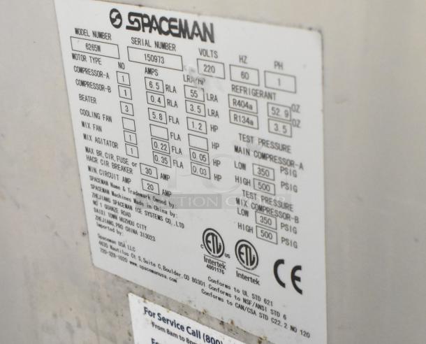Spaceman Forte 6265W ice cream machine label showing model, voltage, and specifications. 220 volts, 1 phase.