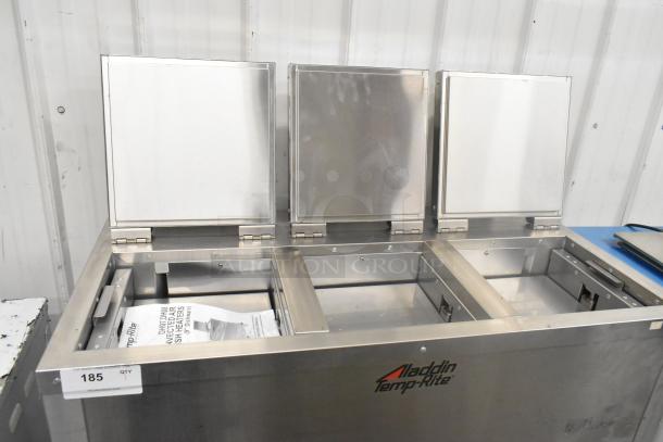 2021 Aladdin Temp-Rite DH08 stainless steel commercial tray return on casters. Features three compartments. 208-240V, 1 Phase.