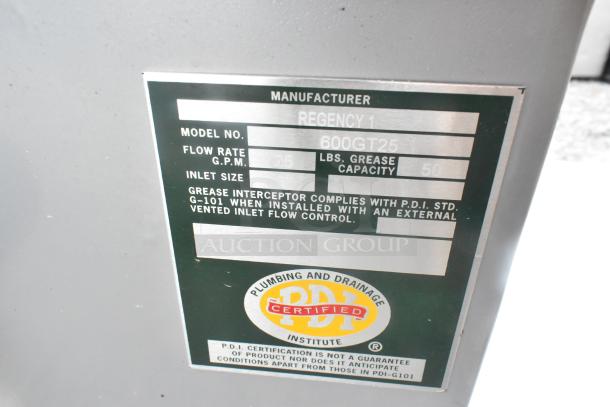 BRAND NEW SCRATCH AND DENT Regency 600GT25 grease trap, 50 lb, 25 GPM, 3" non-threaded connections, PDI certified label.
