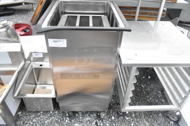 BRAND NEW SCRATCH AND DENT! Lakeside stainless steel tray return, commercial casters, visible scratches and dents, auction tag 195.