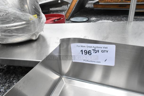 Brand new Lakeside stainless steel single bay sink, scratch and dent, no legs, with auction label indicating item number.