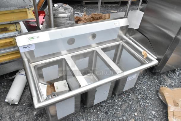 BRAND NEW Regency 600S31014 39" stainless steel three-compartment sink, 16-gauge, with galvanized legs, no drainboards.