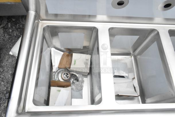 Brand new Regency 600S31014 39" three-compartment stainless steel sink with 10" x 14" x 12" bowls. No drainboards or legs.