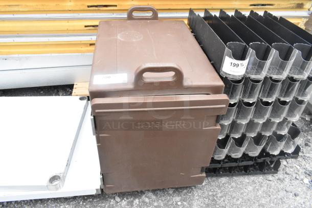 BRAND NEW SCRATCH AND DENT! CaterGator brown poly insulated catering case with handle; minor scratches visible.