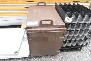 BRAND NEW SCRATCH AND DENT! CaterGator brown poly insulated catering case with handle; minor scratches visible.