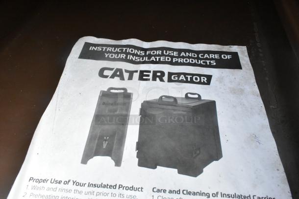 BRAND NEW SCRATCH AND DENT CaterGator brown poly insulated food case shown with care instructions and product images.