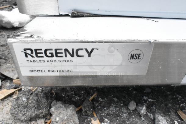 Regency 600T2436G label on stainless steel surface, model and NSF details visible. Scratch and dent condition, no legs.
