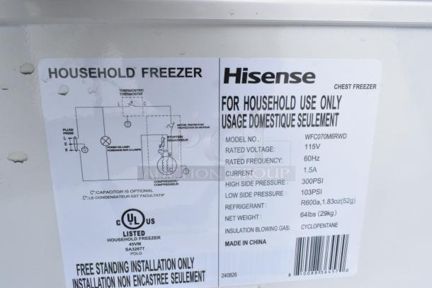 Hisense WFC070M6RWD chest freezer label. Rated 115V, 60Hz. For household use. Made in China. UL listed.