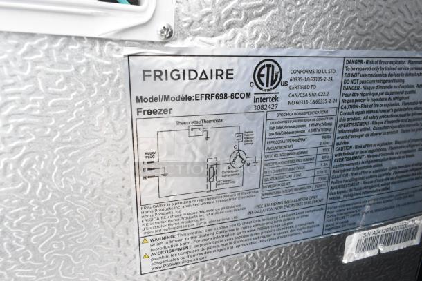 Frigidaire EFRF698-6COM single door reach-in freezer label showing model, safety warnings, and electrical specifications.